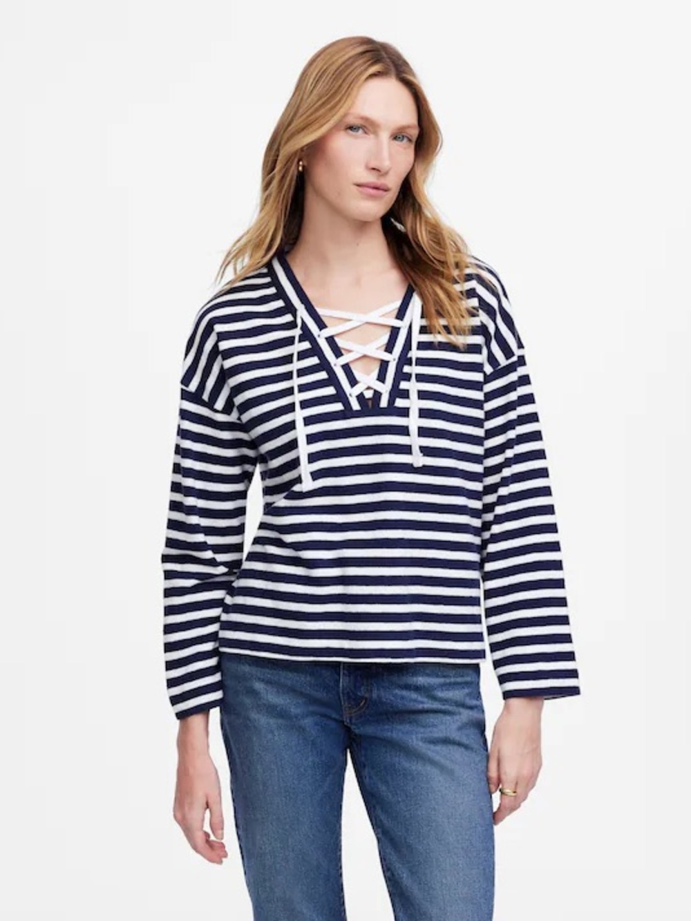 Madewell Lace-Up Long-Sleeve Tee in Stripe
